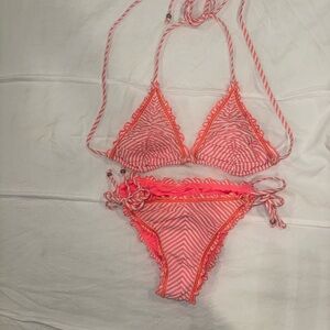 Vibrant Pink Striped Bikini with Ruffles